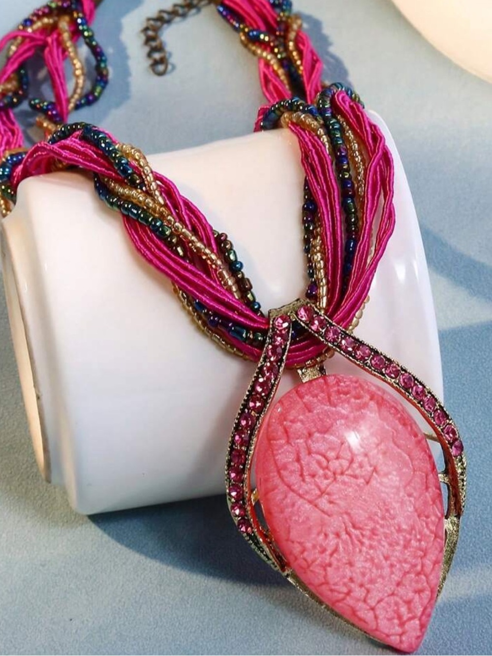 Bohemian Vintage style pink Cat's Eye Stone Necklace